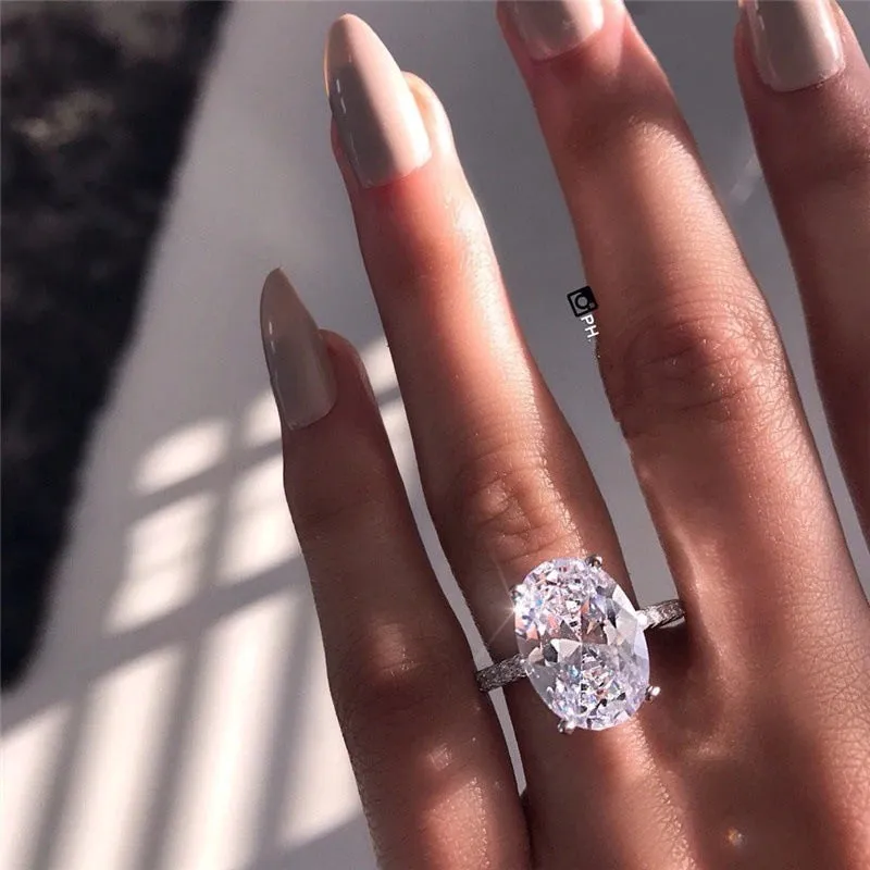 Classic Sterling Silver Oval High Carbon Diamond Ring