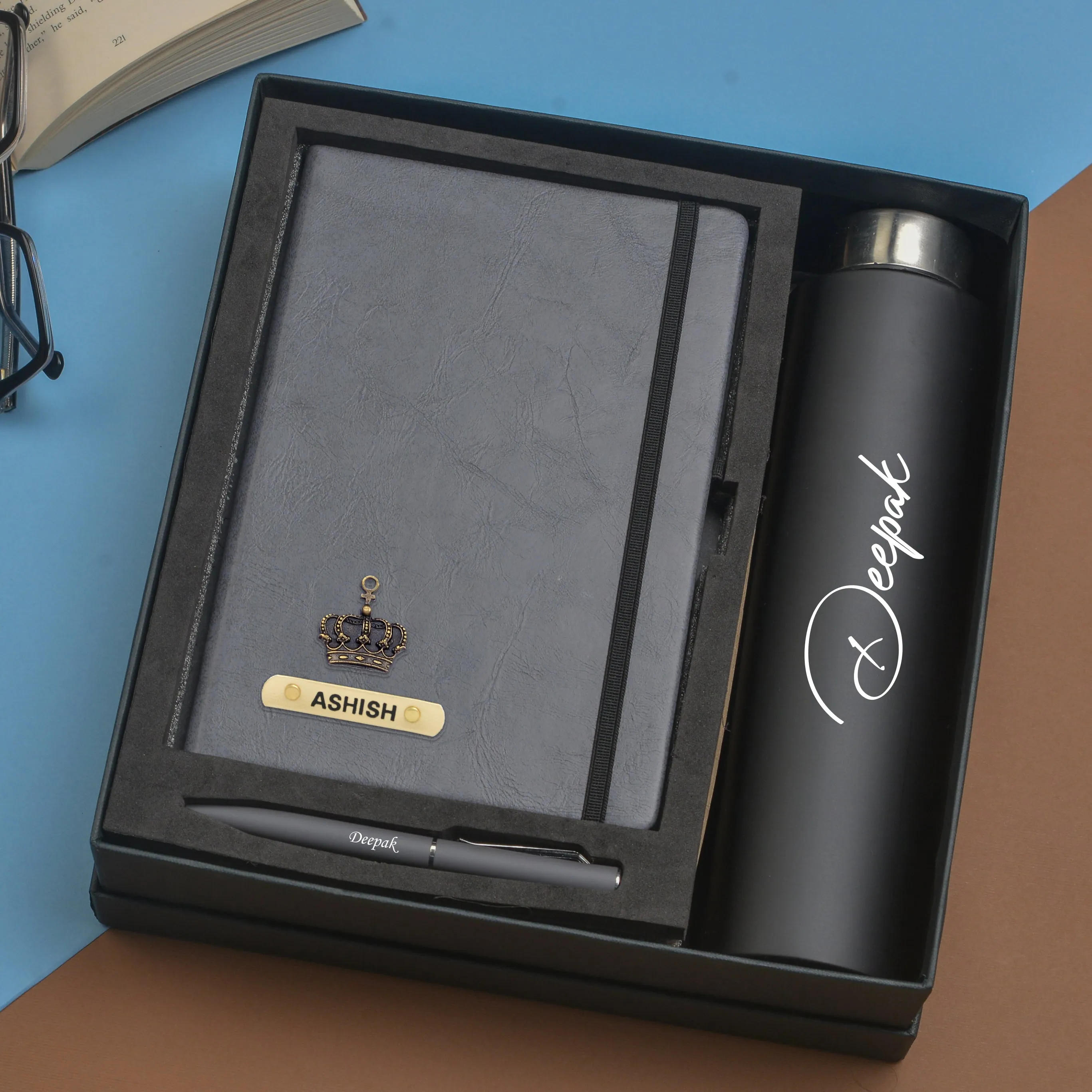 Classy Hardcover Diary   Classic Metal Pen   Classic Smart Bottle  (Black) - Grey