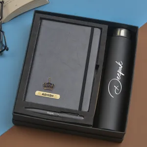 Classy Hardcover Diary   Classic Metal Pen   Classic Smart Bottle  (Black) - Grey
