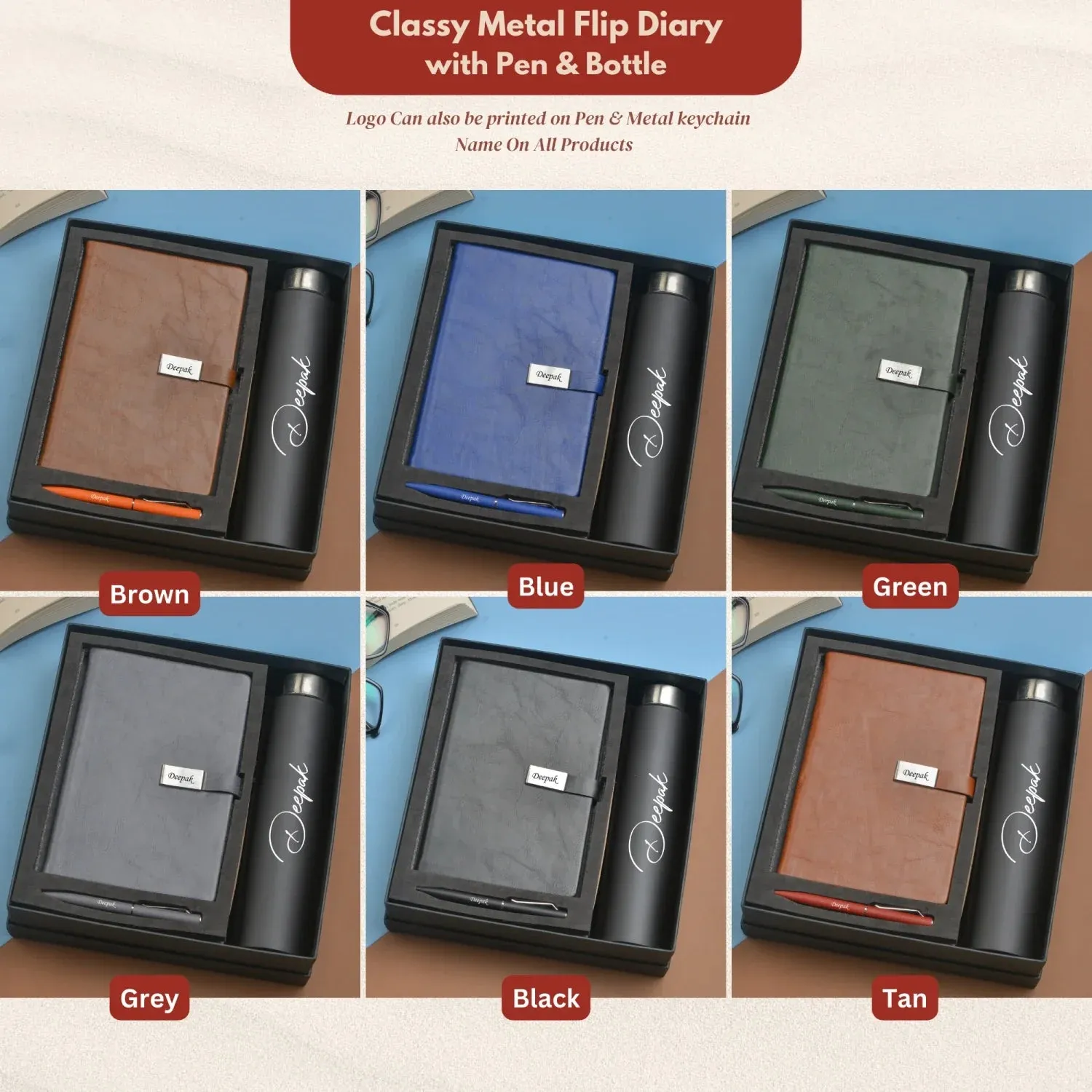 Classy Hardcover Diary   Classic Metal Pen   Classic Smart Bottle  (Black) - Grey