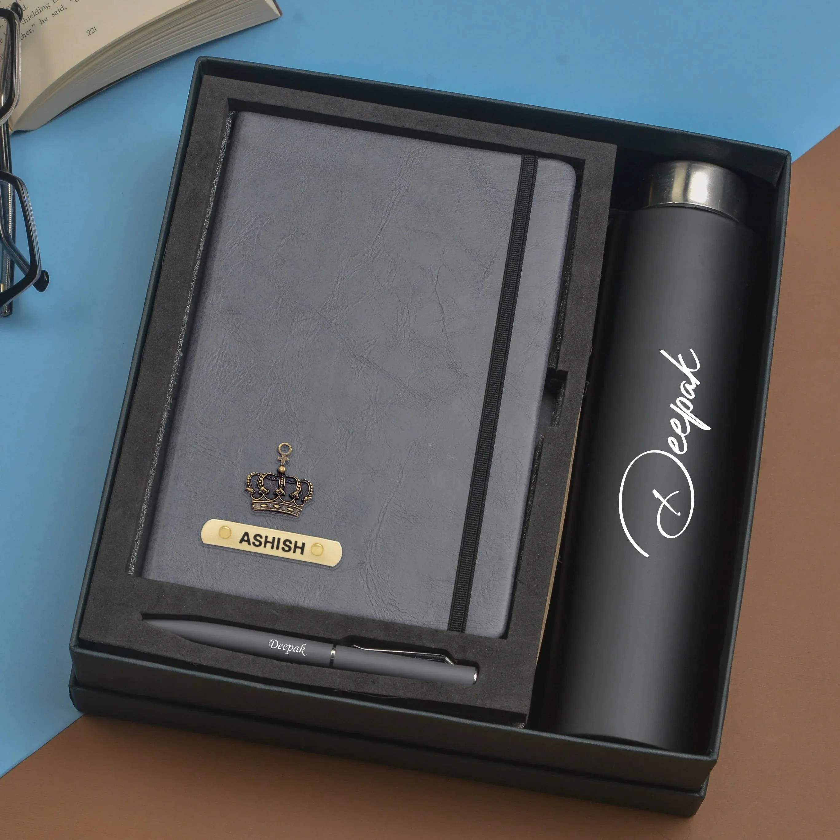 Classy Hardcover Diary   Classic Metal Pen   Classic Smart Bottle  (Black) - Grey