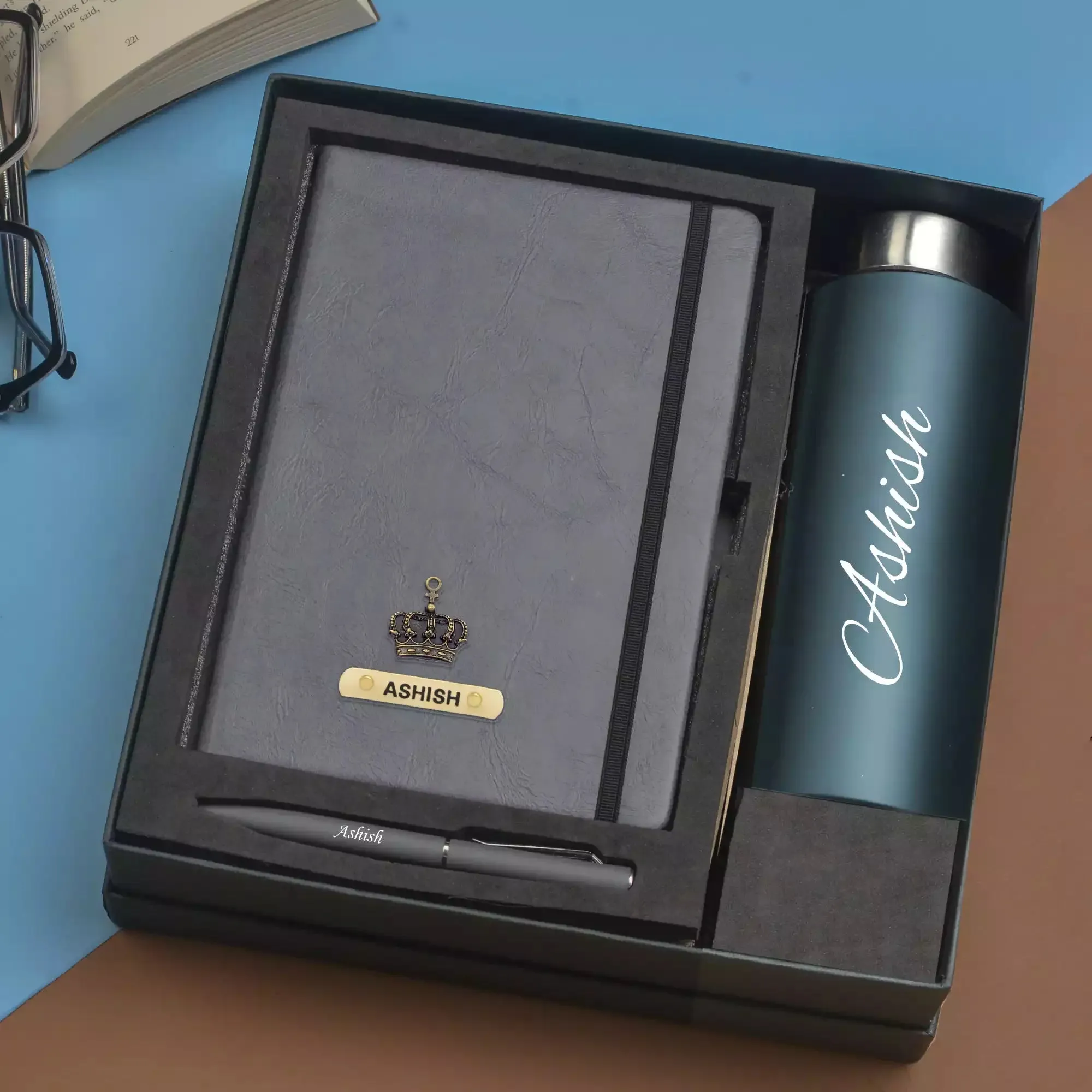 Classy Hardcover Diary   Classic Metal Pen   Classic Smart Bottle  (Black) - Grey