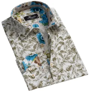 Colorful White Green Mens Slim Fit Designer Dress Shirt - tailored Cotton Shirts for Work and Casual