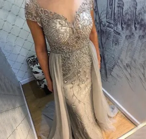 Crystal Short Sleeve Evening Dress Design Luxury Mermaid Sexy Formal Party Gown