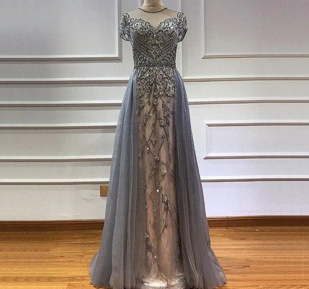Crystal Short Sleeve Evening Dress Design Luxury Mermaid Sexy Formal Party Gown