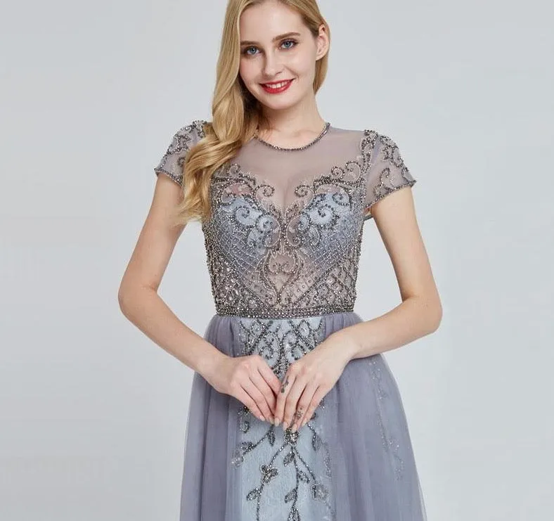 Crystal Short Sleeve Evening Dress Design Luxury Mermaid Sexy Formal Party Gown