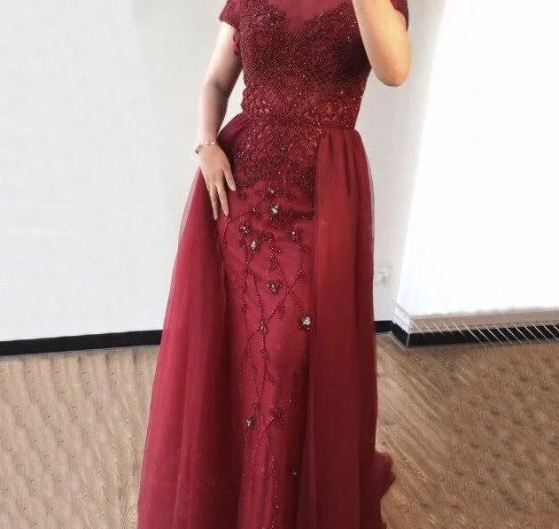 Crystal Short Sleeve Evening Dress Design Luxury Mermaid Sexy Formal Party Gown