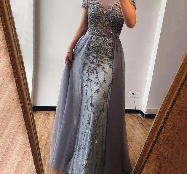Crystal Short Sleeve Evening Dress Design Luxury Mermaid Sexy Formal Party Gown