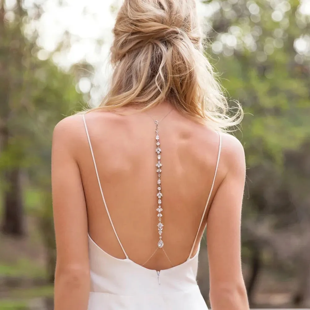 Crystal Zircon Leaf Tassel Back Chain Necklace