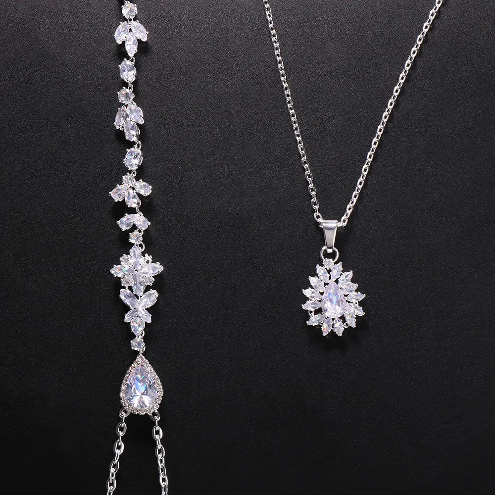 Crystal Zircon Leaf Tassel Back Chain Necklace