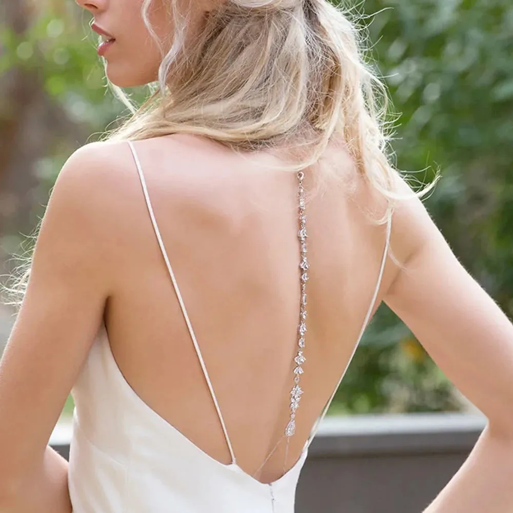 Crystal Zircon Leaf Tassel Back Chain Necklace