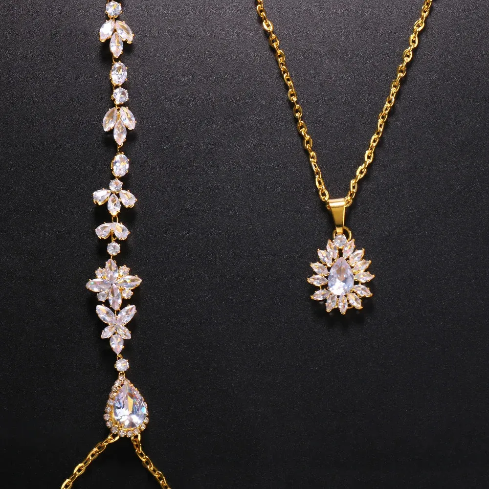 Crystal Zircon Leaf Tassel Back Chain Necklace