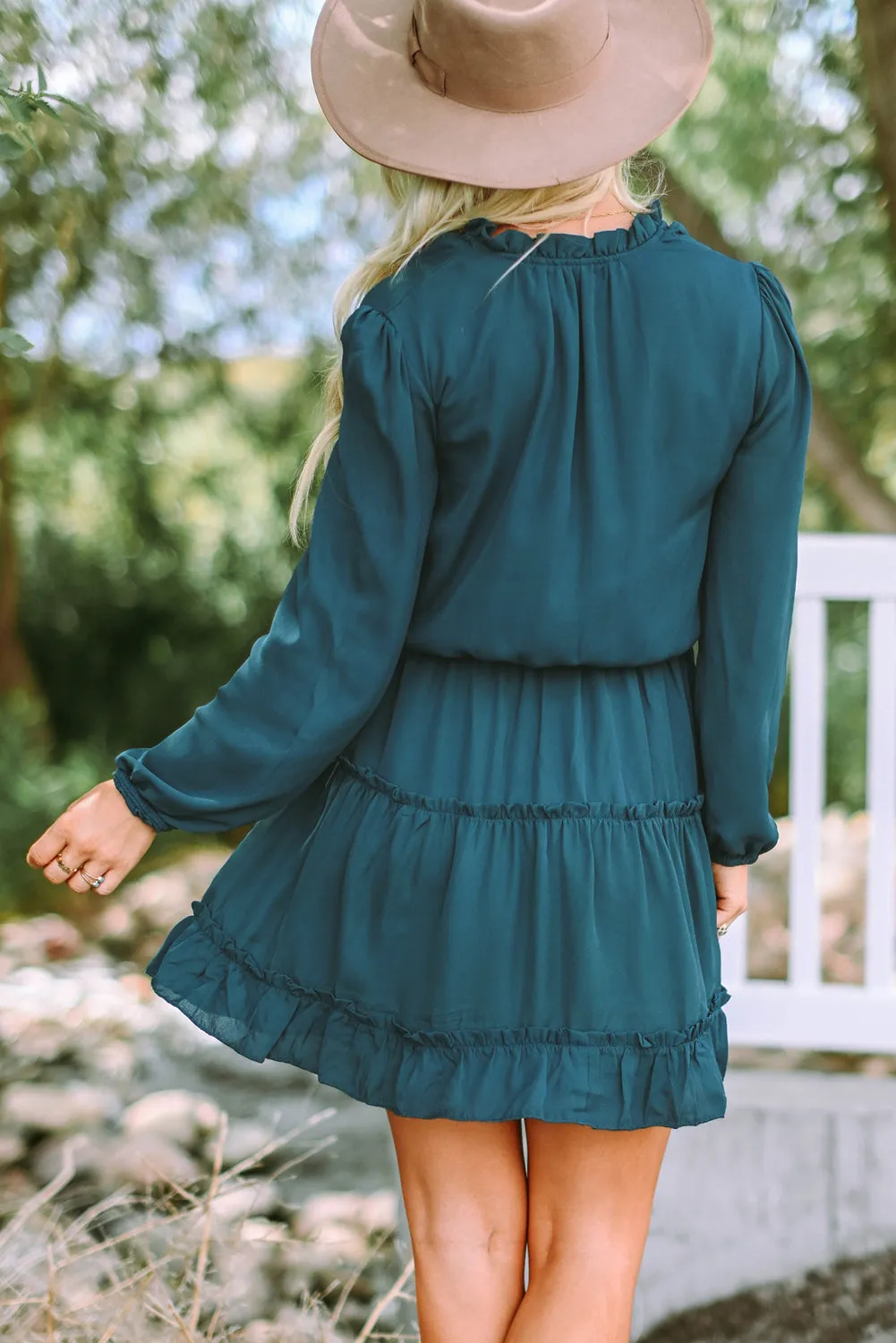 Cute V Neck Long Sleeve Ruffle Tiered Mini Dress