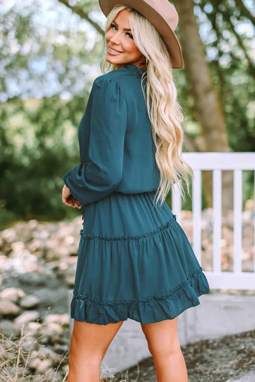 Cute V Neck Long Sleeve Ruffle Tiered Mini Dress