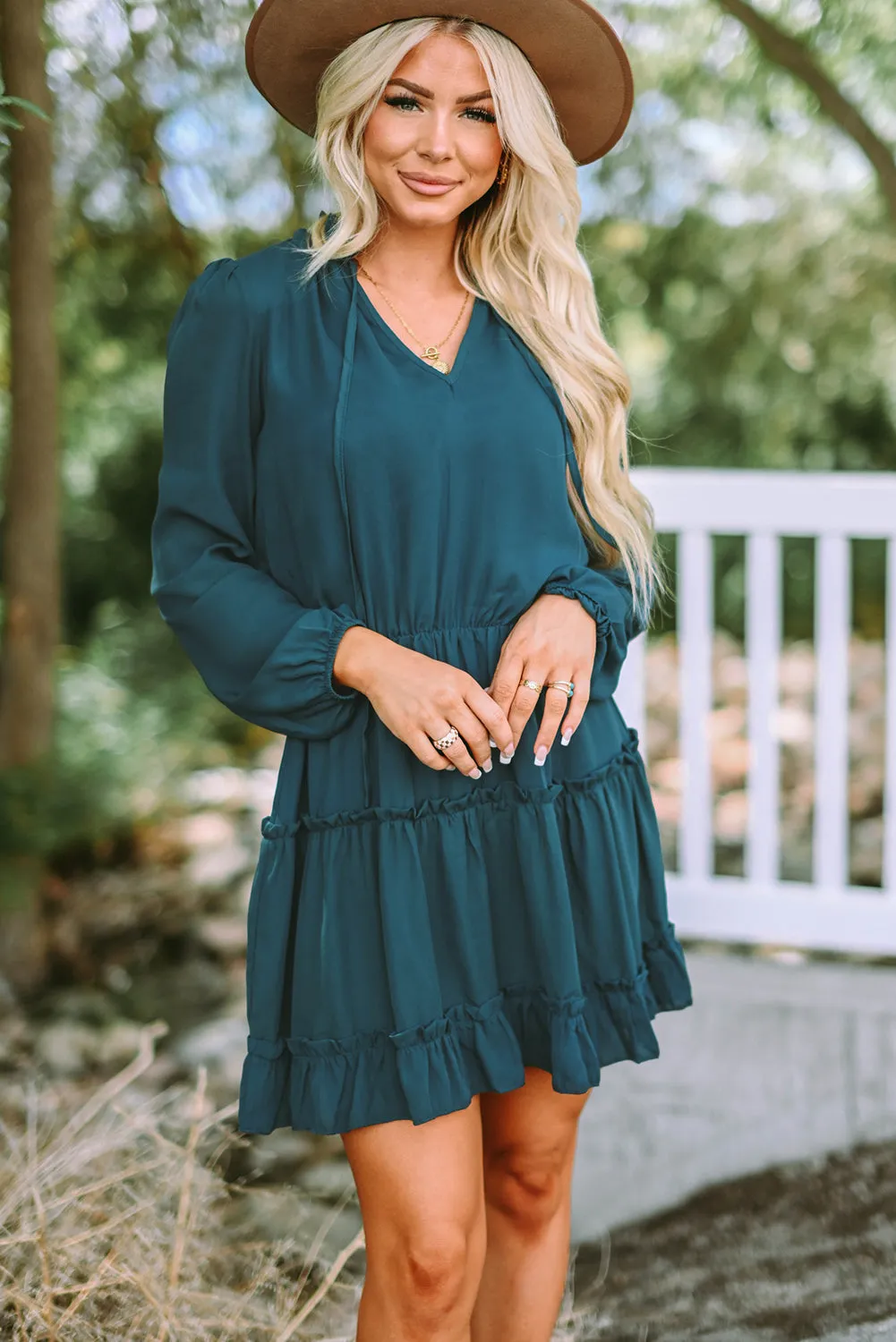 Cute V Neck Long Sleeve Ruffle Tiered Mini Dress