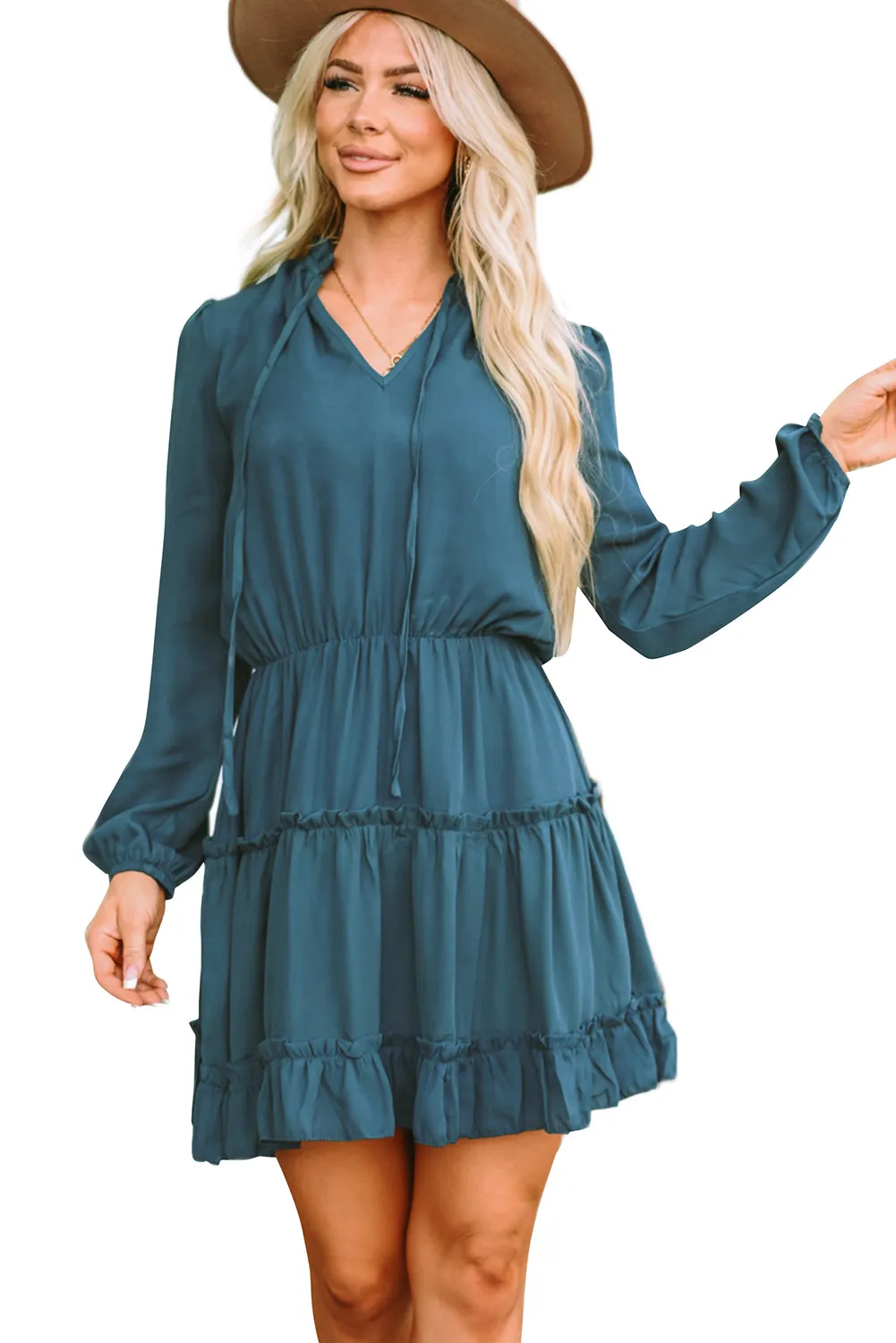 Cute V Neck Long Sleeve Ruffle Tiered Mini Dress