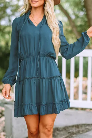 Cute V Neck Long Sleeve Ruffle Tiered Mini Dress