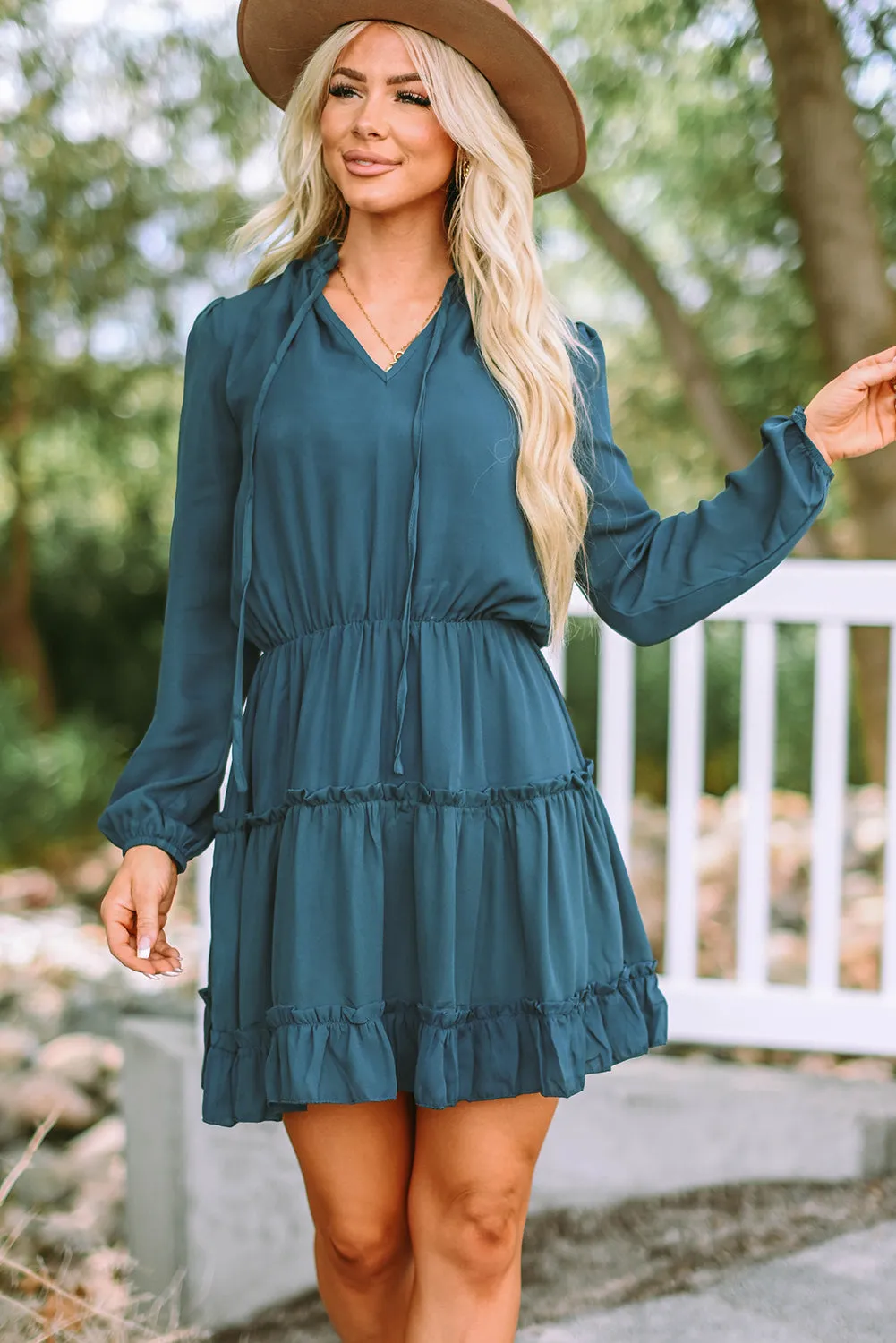 Cute V Neck Long Sleeve Ruffle Tiered Mini Dress