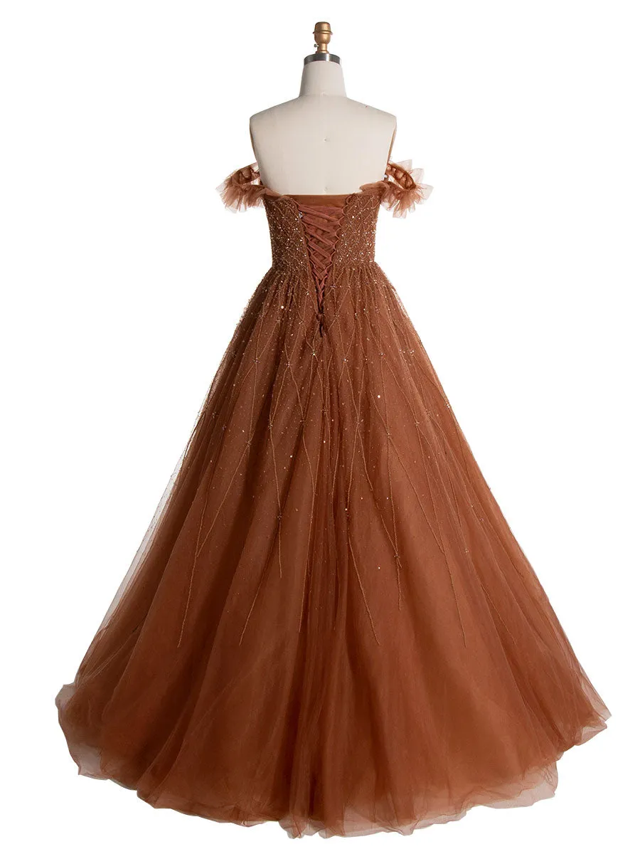 Deep Champagne A Line Strapless Luxury Beaded Evening Gown YE2555