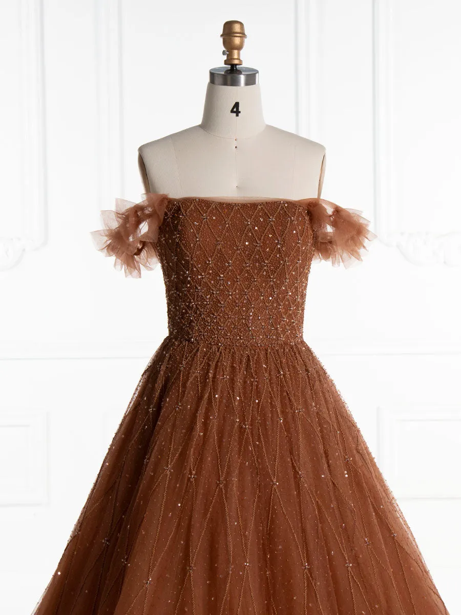 Deep Champagne A Line Strapless Luxury Beaded Evening Gown YE2555