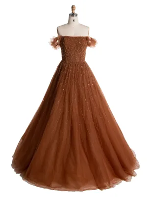 Deep Champagne A Line Strapless Luxury Beaded Evening Gown YE2555