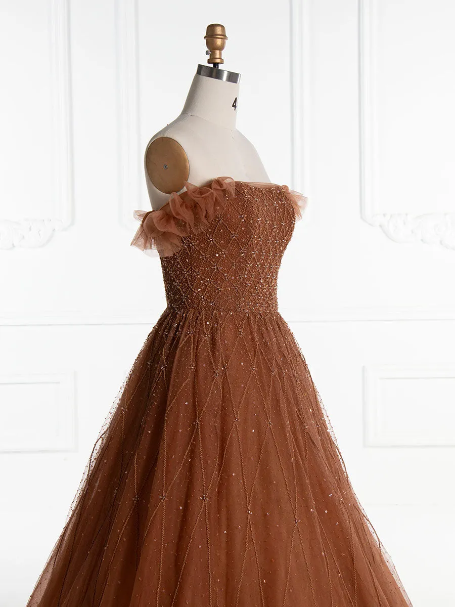 Deep Champagne A Line Strapless Luxury Beaded Evening Gown YE2555