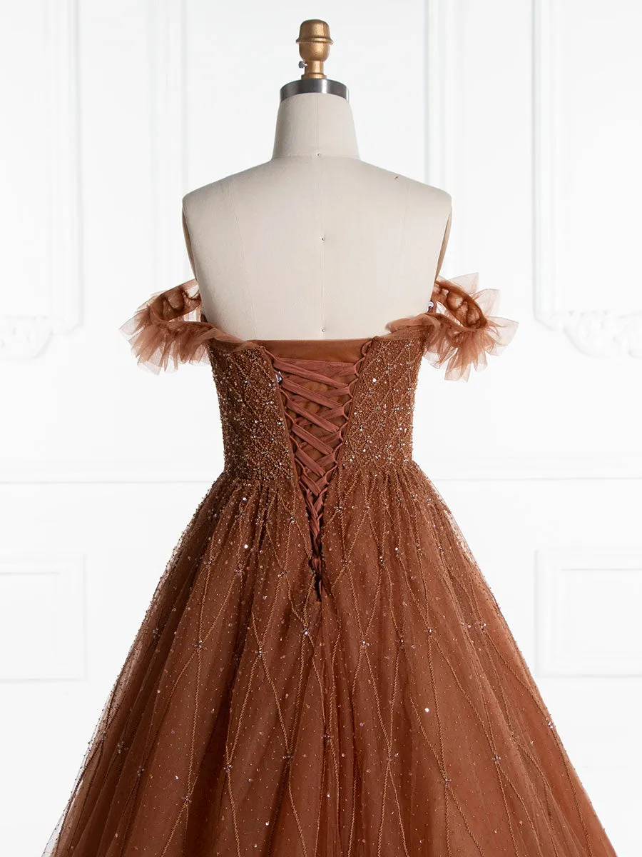 Deep Champagne A Line Strapless Luxury Beaded Evening Gown YE2555