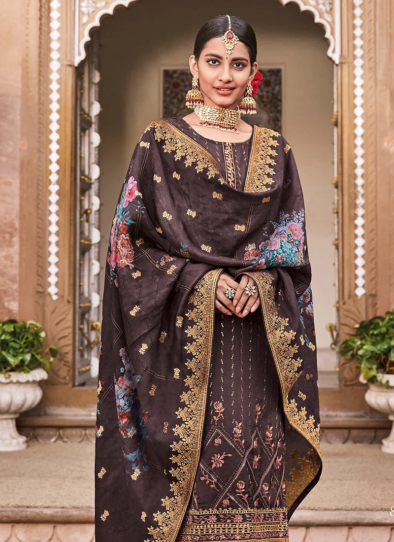 Deep Mauve Sequence Embroidered Palazzo Suit