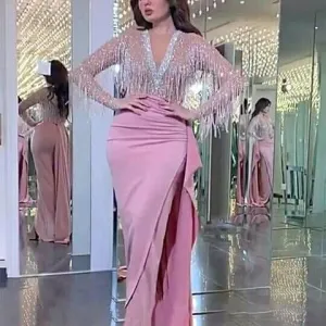 deep v neck tassel evening dresses long sleeve beaded pink mermaid arabic formal evening gown