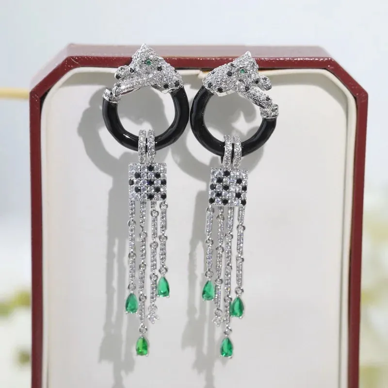Designer Luxury Czech Zircon Green Eyes Leopard Earrings