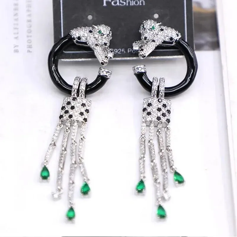 Designer Luxury Czech Zircon Green Eyes Leopard Earrings