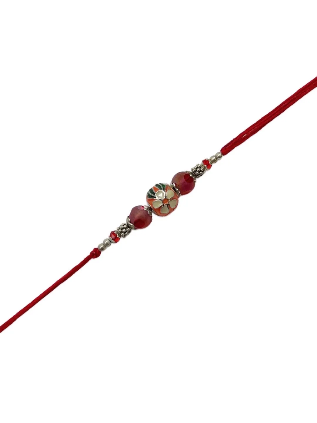 Designer Rakhi Meenakari Orange Kundan Bead With Red Thread Rakhi For Raksha Bandhan