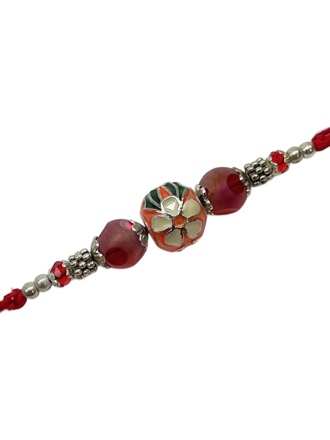 Designer Rakhi Meenakari Orange Kundan Bead With Red Thread Rakhi For Raksha Bandhan