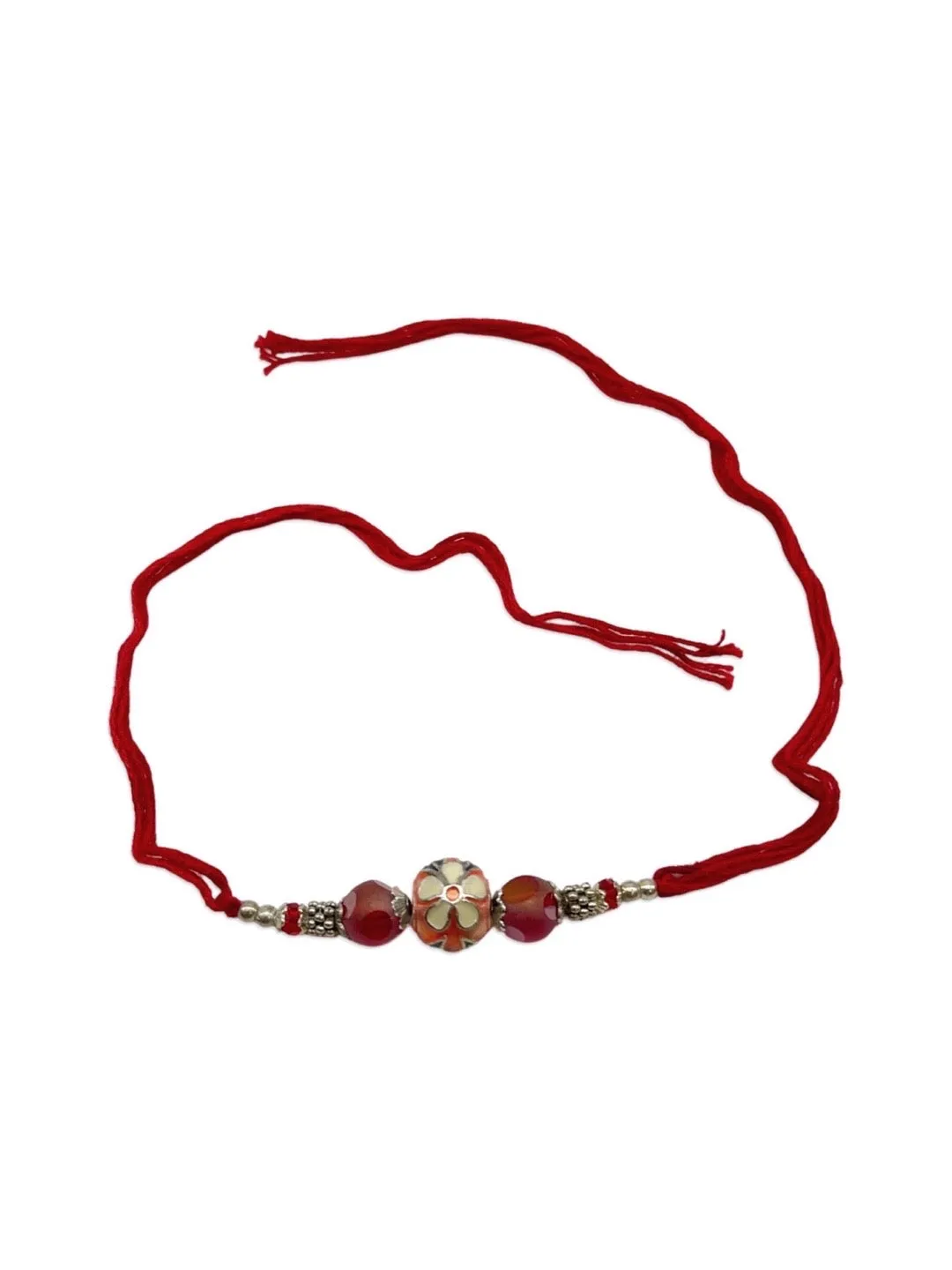 Designer Rakhi Meenakari Orange Kundan Bead With Red Thread Rakhi For Raksha Bandhan