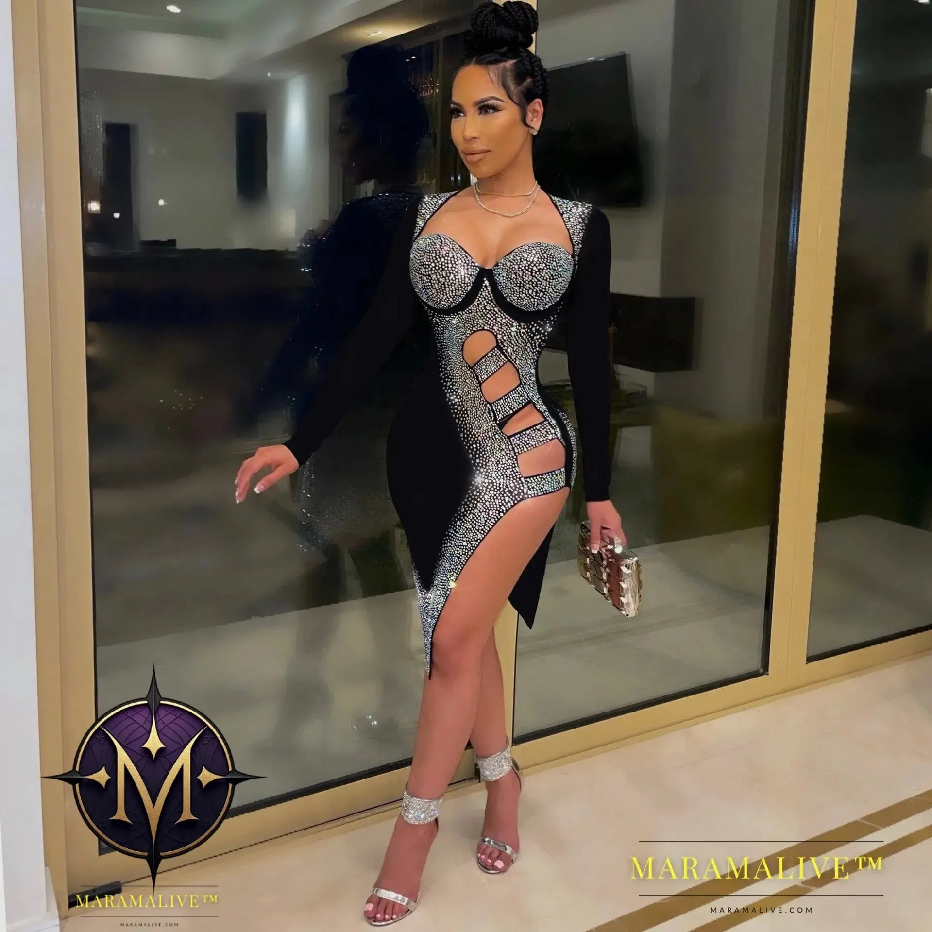 Diamond-studded Long-sleeved Dress Nightclub Clothes