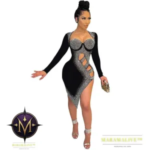Diamond-studded Long-sleeved Dress Nightclub Clothes