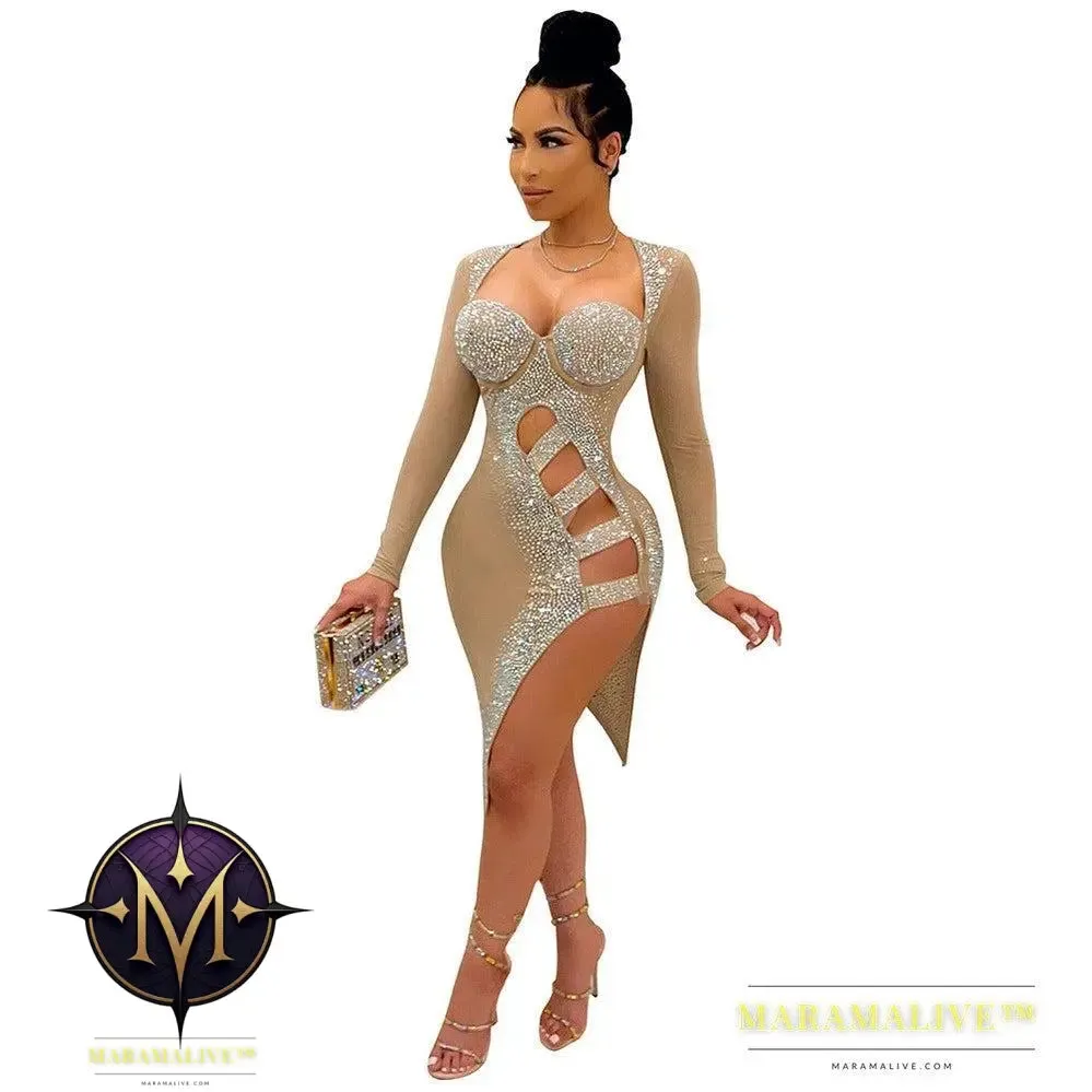Diamond-studded Long-sleeved Dress Nightclub Clothes