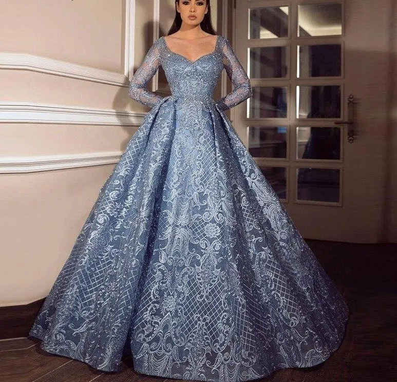 Dubai Blue Luxury Long Sleeves Evening Dresses Lace V-Neck Crystal A-Line Evening Gowns