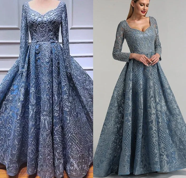 Dubai Blue Luxury Long Sleeves Evening Dresses Lace V-Neck Crystal A-Line Evening Gowns