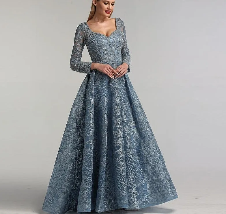 Dubai Blue Luxury Long Sleeves Evening Dresses Lace V-Neck Crystal A-Line Evening Gowns