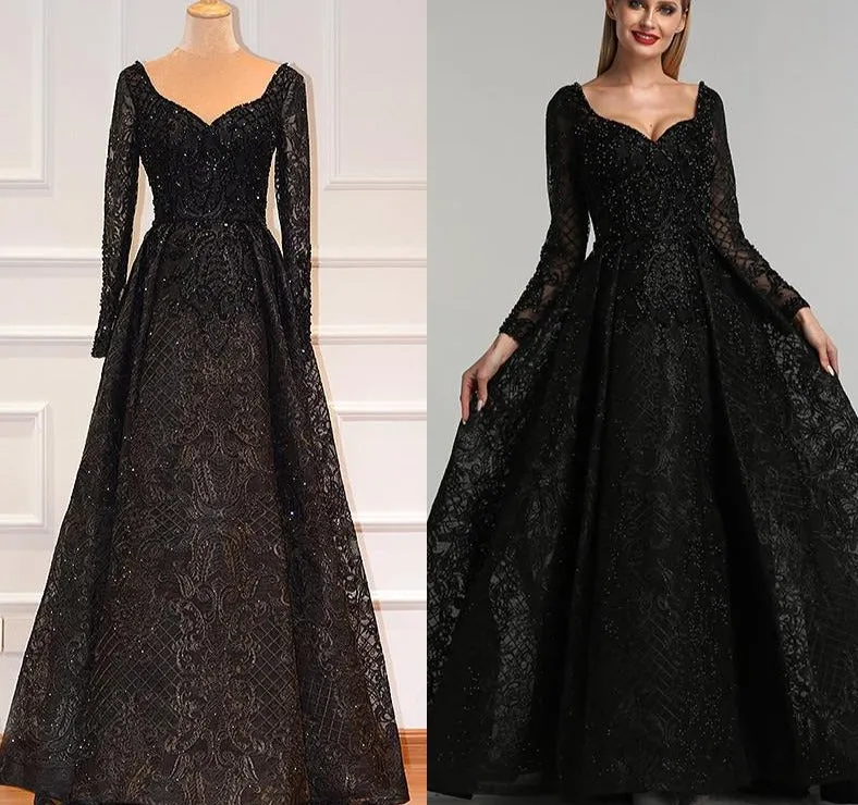 Dubai Blue Luxury Long Sleeves Evening Dresses Lace V-Neck Crystal A-Line Evening Gowns