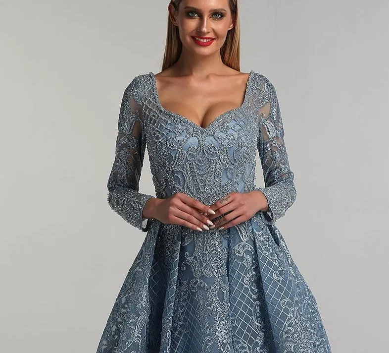 Dubai Blue Luxury Long Sleeves Evening Dresses Lace V-Neck Crystal A-Line Evening Gowns