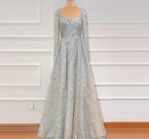 Dubai Blue Luxury Long Sleeves Evening Dresses Lace V-Neck Crystal A-Line Evening Gowns