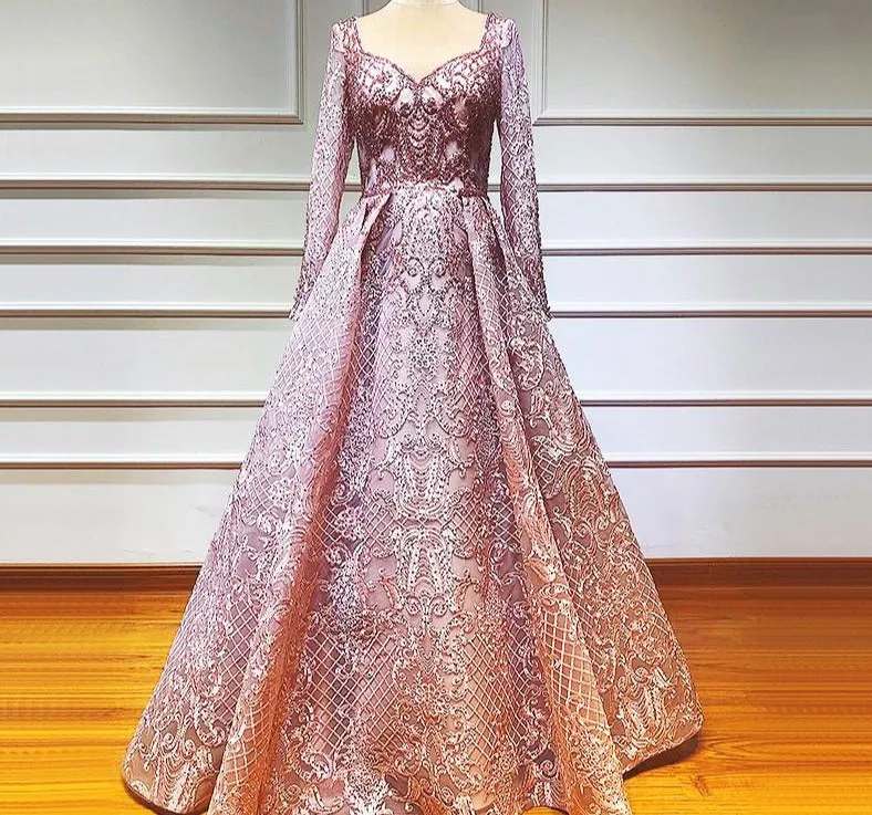 Dubai Blue Luxury Long Sleeves Evening Dresses Lace V-Neck Crystal A-Line Evening Gowns