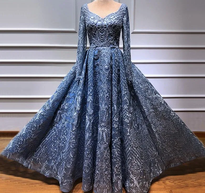 Dubai Blue Luxury Long Sleeves Evening Dresses Lace V-Neck Crystal A-Line Evening Gowns
