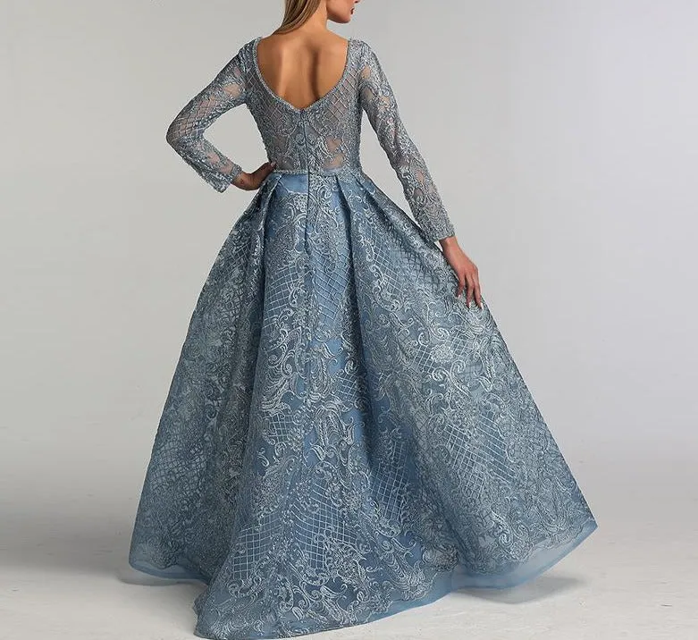 Dubai Blue Luxury Long Sleeves Evening Dresses Lace V-Neck Crystal A-Line Evening Gowns