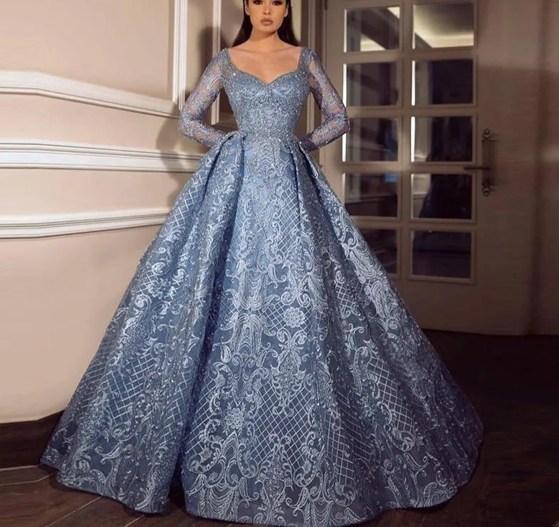 Dubai Blue Luxury Long Sleeves Evening Dresses Lace V-Neck Crystal A-Line Evening Gowns