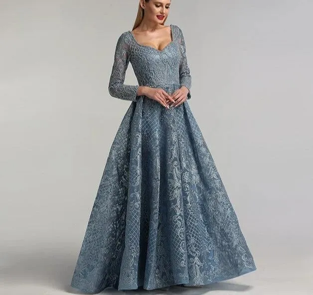 Dubai Blue Luxury Long Sleeves Evening Dresses Lace V-Neck Crystal A-Line Evening Gowns