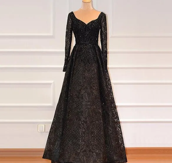 Dubai Blue Luxury Long Sleeves Evening Dresses Lace V-Neck Crystal A-Line Evening Gowns
