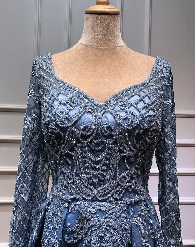 Dubai Blue Luxury Long Sleeves Evening Dresses Lace V-Neck Crystal A-Line Evening Gowns